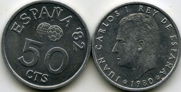 Монета 50 сентимос 1980г Испания