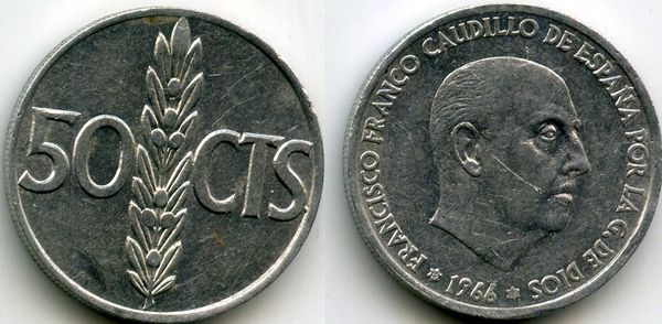 Монета 50 сентимос 1968г Испания