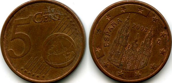 Монета 5 евроцент 2008г Испания