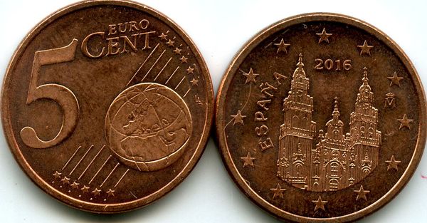 Монета 5 евроцент 2016г Испания