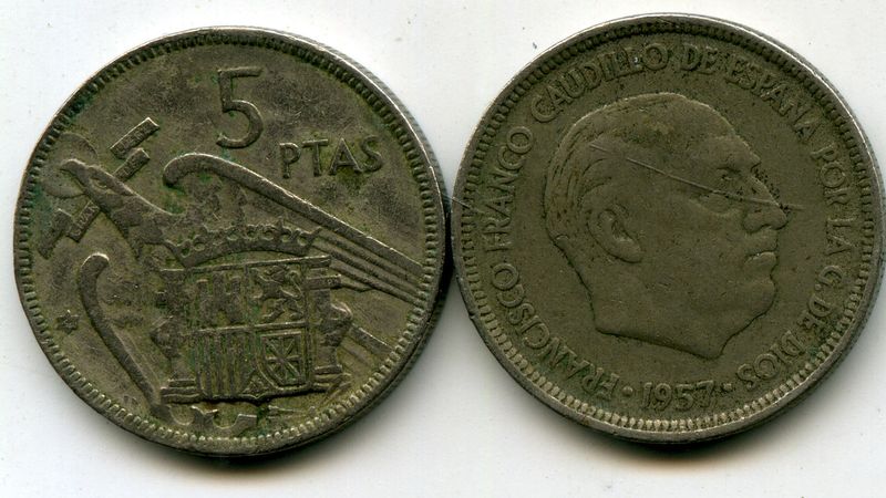 Монета 5 песет 1962г Испания
