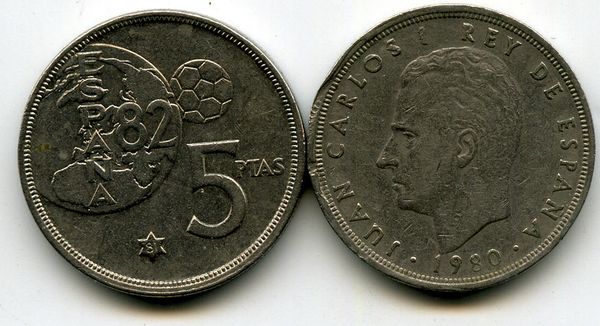 Монета 5 песет 1981г футбол Испания