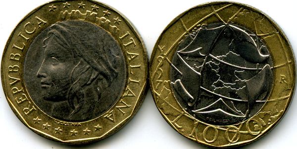 Монета 1000 лир 1997г Италия