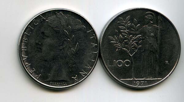 Монета 100 лир 1971г Италия