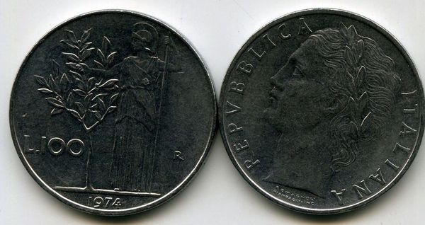 Монета 100 лир 1974г Италия