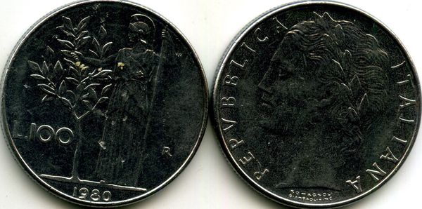 Монета 100 лир 1980г Италия