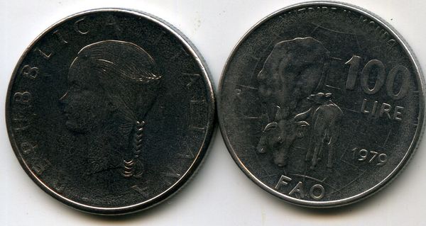 Монета 100 лир 1979г фао Италия