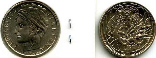 Монета 100 лир 1995г ФАО Италия
