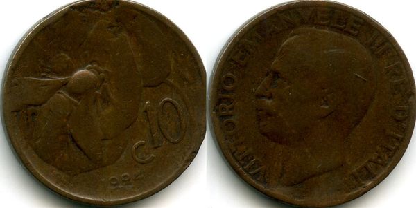 Монета 10 чентезимо 1924г Италия