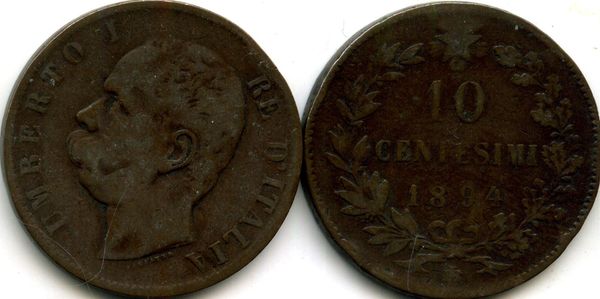 Монета 10 чентезимо 1894г BI Италия