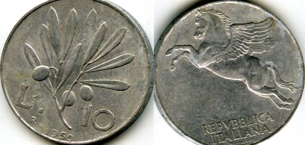 Монета 10 лир 1950г Италия