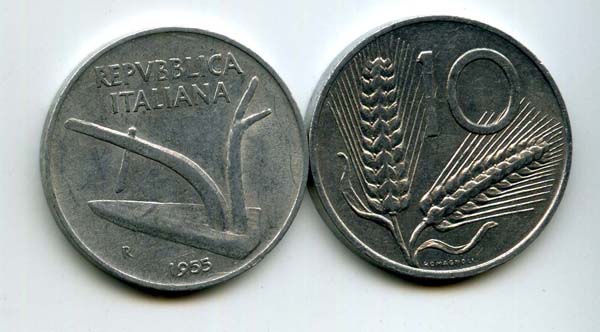 Монета 10 лир 1955г Италия