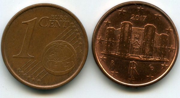 Монета 1 евроцент 2017г Италия