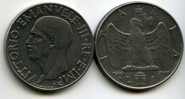 Монета 1 лира 1940г Италия