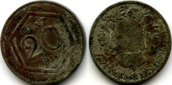 Монета 20 чентезимо 1918г Италия