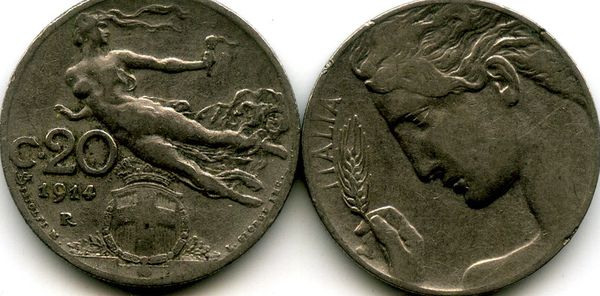 Монета 20 чентезимо 1914г Италия