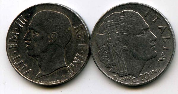 Монета 20 чентезимо 1940г маг 21,5 Италия