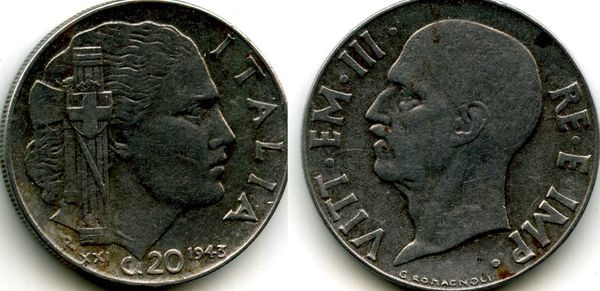 Монета 20 чентезимо 1943г Италия