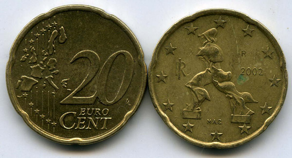 Монета 20 евроцента 2002г Италия
