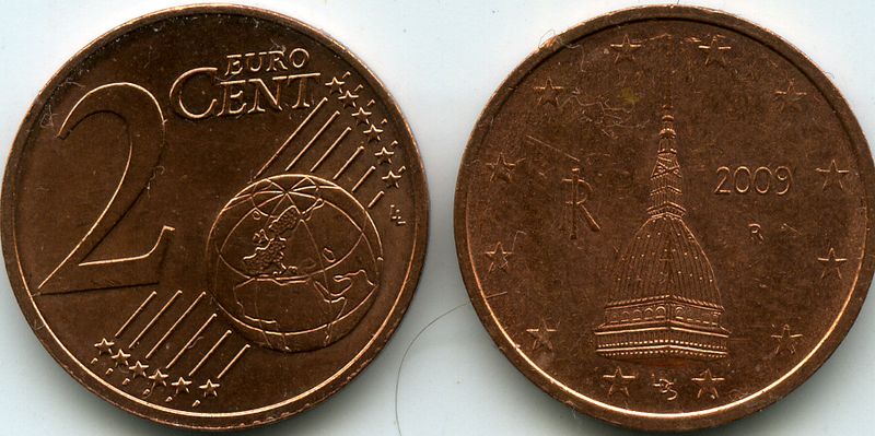 Монета 2 евроцента 2009г Италия