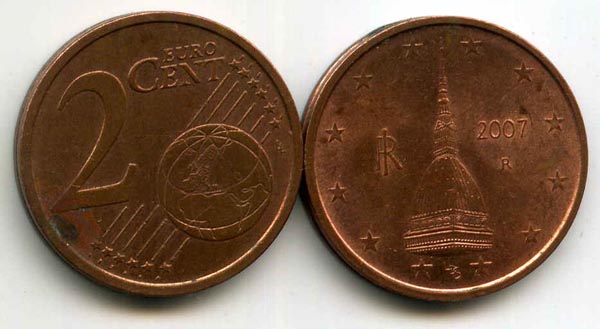 Монета 2 евроцента 2007г Италия