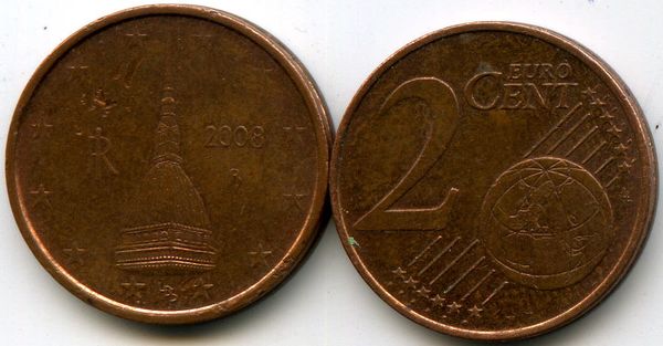 Монета 2 евроцента 2008г Италия