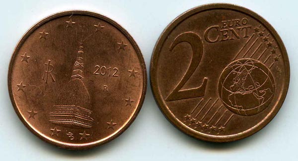 Монета 2 евроцента 2012г Италия