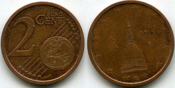 Монета 2 евроцента 2015г Италия
