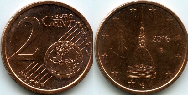 Монета 2 евроцента 2016г Италия