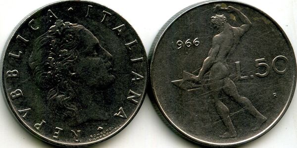 Монета 50 лир 1966г Италия