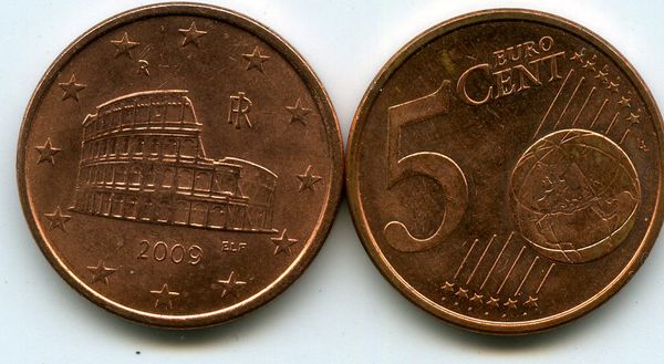 Монета 5 евроцента 2009г Италия