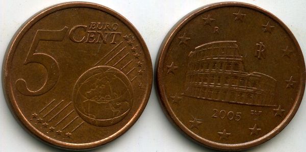 Монета 5 евроцента 2005г Италия