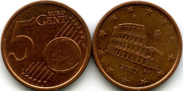 Монета 5 евроцента 2007г Италия