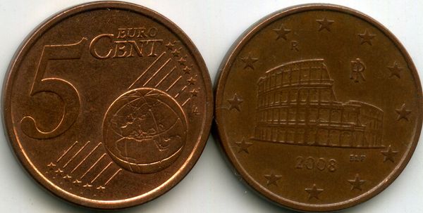 Монета 5 евроцента 2008г Италия