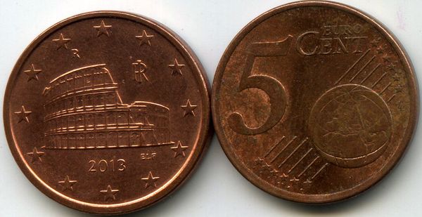 Монета 5 евроцента 2013г Италия