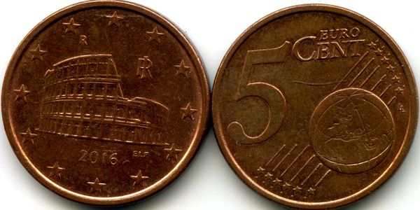 Монета 5 евроцента 2016г Италия
