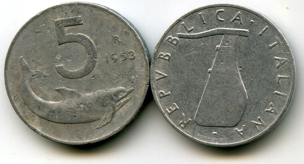 Монета 5 лир 1953г Италия