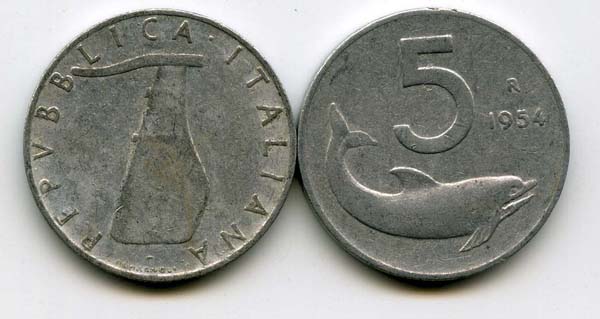Монета 5 лир 1954г Италия