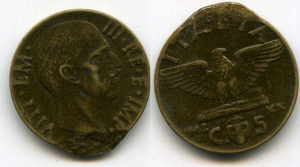 Монета 5 чентезимо 1942г Италия