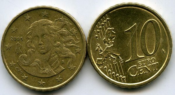 Монета 10 евроцентов 2008г Италия