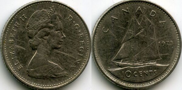 Монета 10 центов 1973г Канада