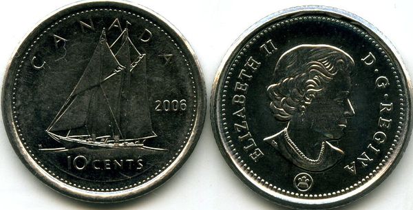 Монета 10 центов 2006г Канада