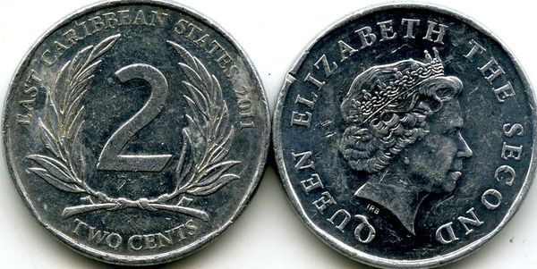 Монета 2 цента 2011г Карибские острова