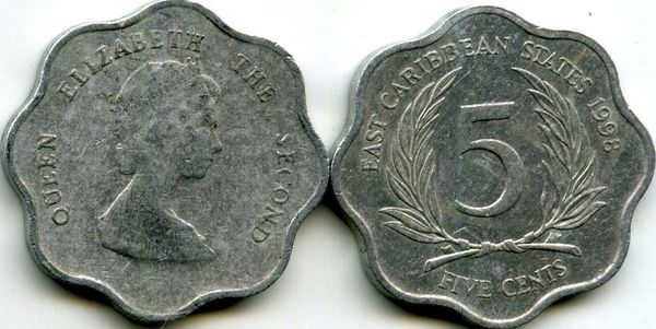 Монета 5 центов 1998г Карибские острова