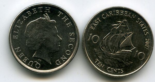 Монета 10 центов 2007г Карибские острова