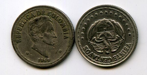 Монета 20 сентавос 1959г Колумбия