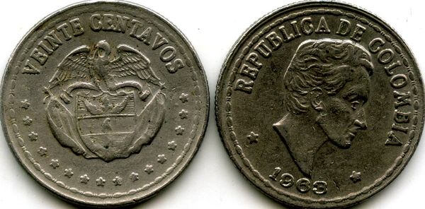 Монета 20 сентавос 1963г Колумбия