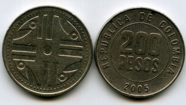 Монета 200 песо 2005г Колумбия