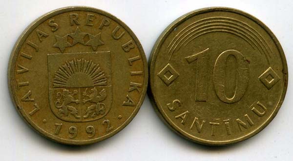 Монета 10 сентим 1992г Латвия