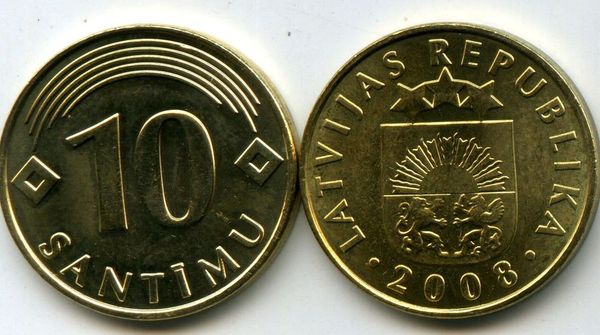 Монета 10 сентим 2008г ац Латвия